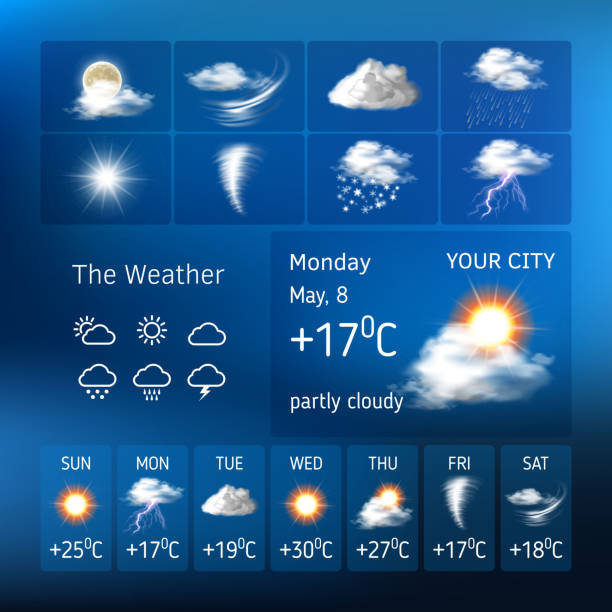 illustrazioni stock, clip art, cartoni animati e icone di tendenza di design realistico per un'applicazione di previsioni meteorologiche mobile - meteorology