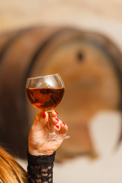 istock Woman tasting wine in rural cottage interior 679712728
