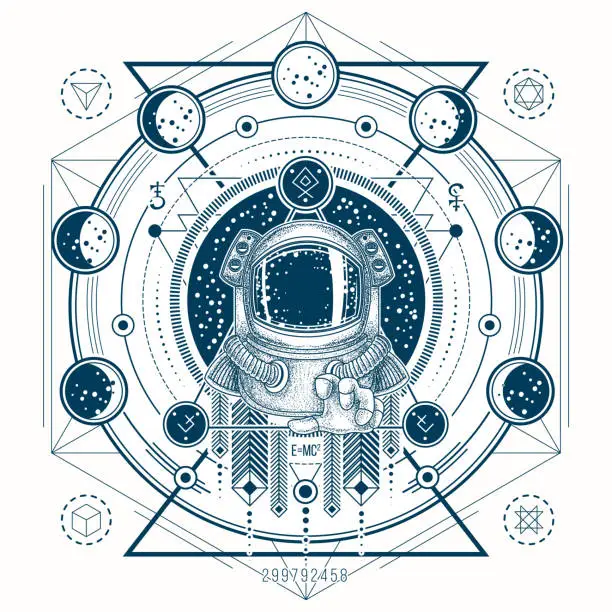 Vector illustration of Vector sketch of a tattoo with astronaut in a space suit and moon phases