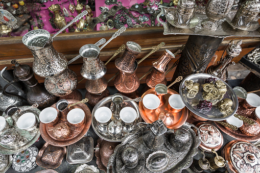 Copper product as souvenir for visitors and tourists in Old Town Sarajevo. Bosnia and Herzegovina.