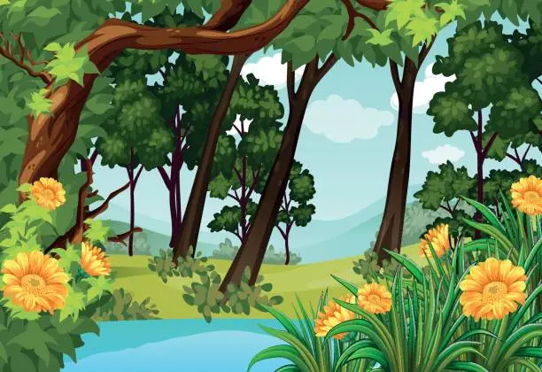 Vector illustration of Forest scene with trees and pond