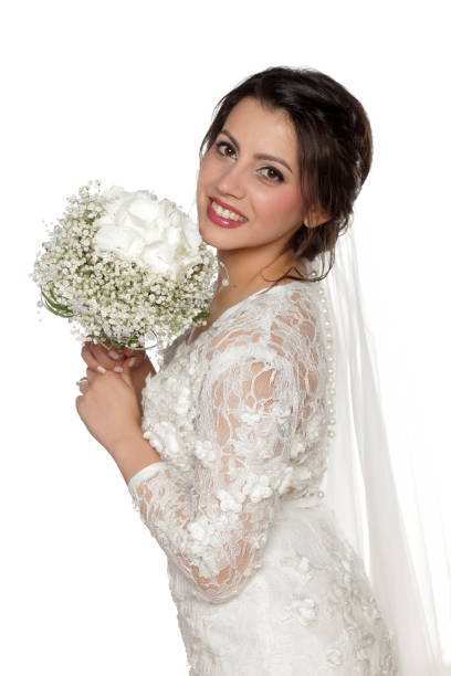 istock Young bride poses with bidermayer on a white background 679727726