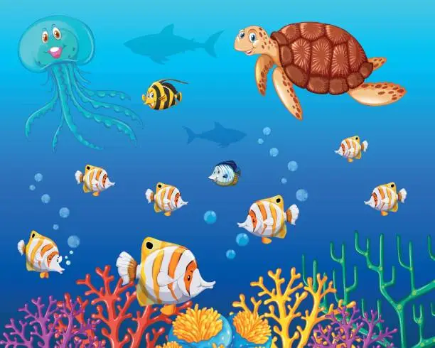 Vector illustration of Many types of sea animals under the ocean