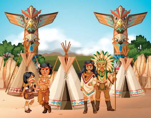Vector illustration of Native american indians at camp site