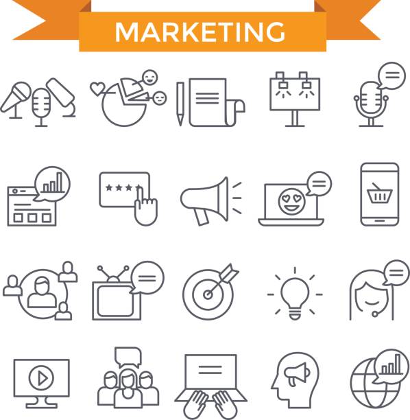Marketing icons. Marketing icons, thin line, flat design customer-service-rep-typing stock illustrations