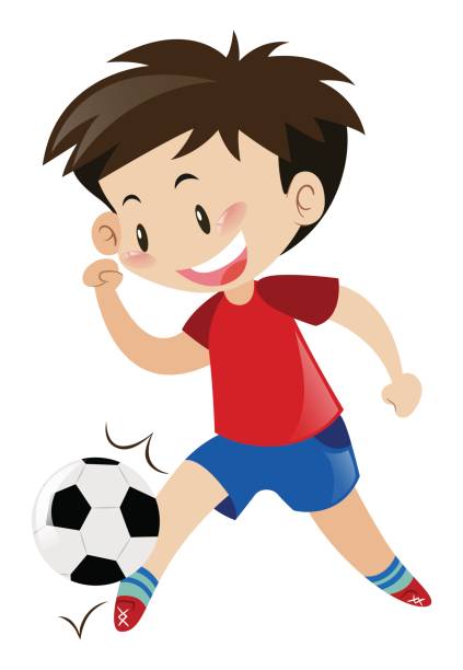 junge im roten hemd, fußball spielen - jugendfußball stock-grafiken, -clipart, -cartoons und -symbole