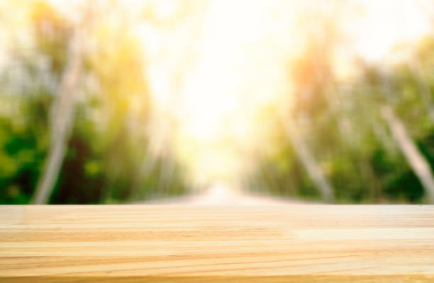 istock Wooden table with nature blurred background. 679754614