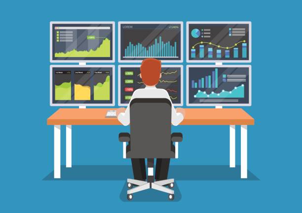 Businessman or stock market trader working at desk. Businessman or stock market trader working at desk with six monitor showing data. monitoring equipment stock illustrations