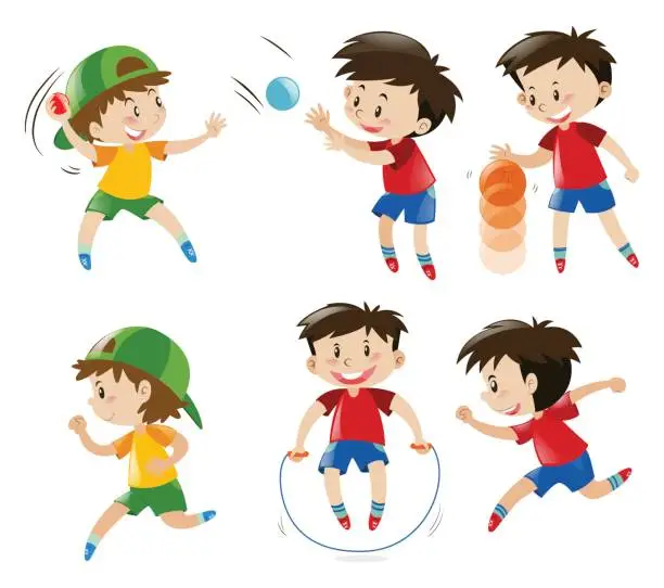 Vector illustration of Boy playing with ball and jumping rope