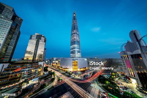 Seoul Songpagu Cityscape Skyscraper Lotte World Tower At Night Stock Photo - Download Image Now