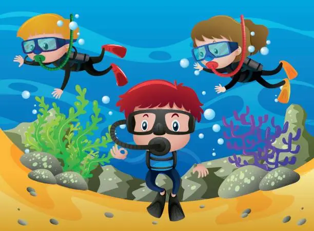 Vector illustration of Three kids diving under the ocean