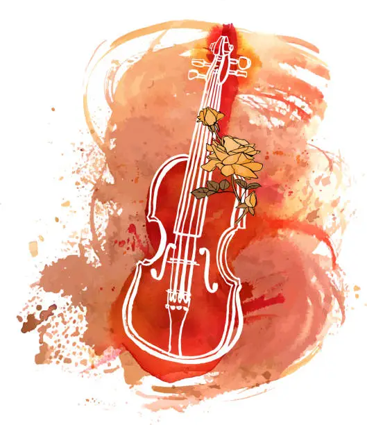 Vector illustration of Vintage violin with rose and watercolor texture