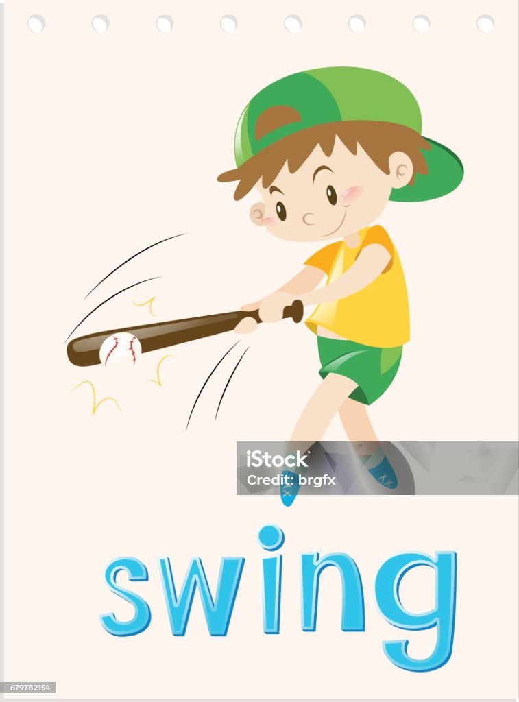 Wordcard with boy swing the bat Wordcard with boy swing the bat illustration Activity stock vector