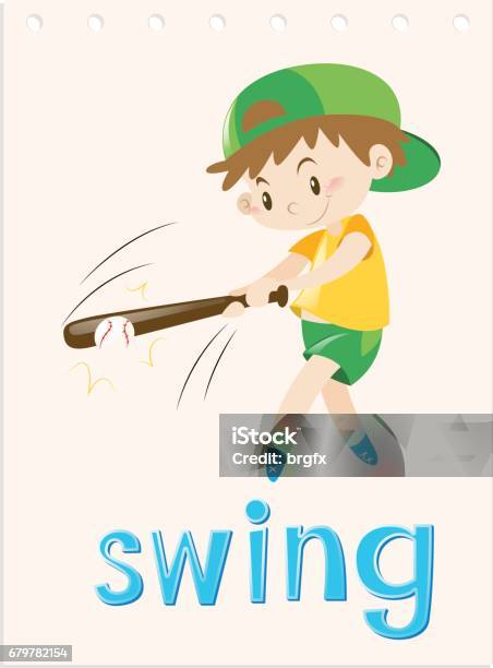 Wordcard With Boy Swing The Bat Stock Illustration - Download Image Now - Activity, Art, Baseball - Ball
