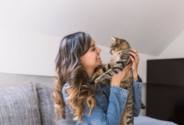 istock Happy woman playing with her cat 679782368