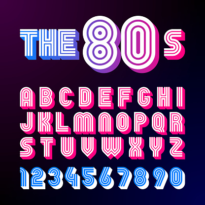 Eighties style retro font. 80's font design with shadow, disco style, alphabet and numbers