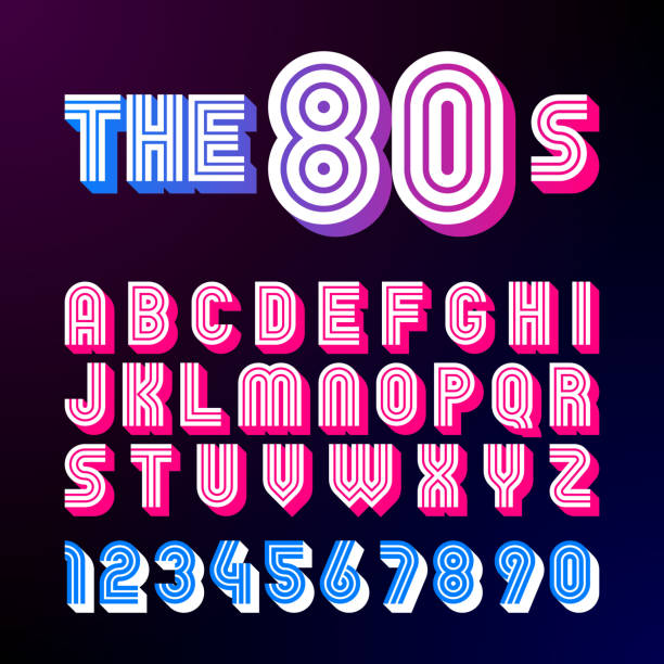 Eighties style retro font Eighties style retro font. 80's font design with shadow, disco style, alphabet and numbers 1980s style stock illustrations