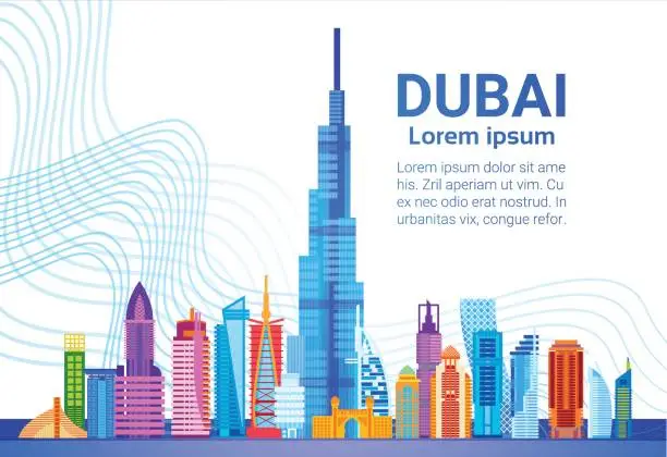 Vector illustration of Dubai Skyline Panorama, Modern Building Cityscape Business Travel And Tourism Concept