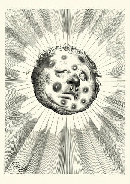 Vintage engraving of a scene from the Adventures of Baron Munchausen, illustrated by Gustave Dore. Sun got himself chilblains