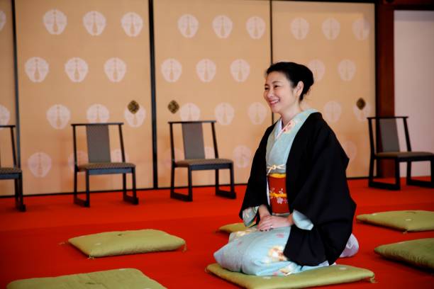 Lady with kimono at Japanese temple @ Hykumanben Chionji Temple zabuton stock pictures, royalty-free photos & images