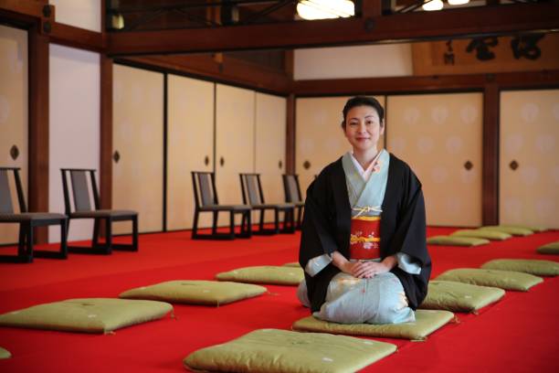 Lady with kimono at Japanese temple @ Hykumanben Chionji Temple zabuton stock pictures, royalty-free photos & images