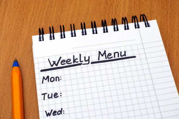 istock Words Weekly Menu written on white note pad with ballpoint pen 679798848