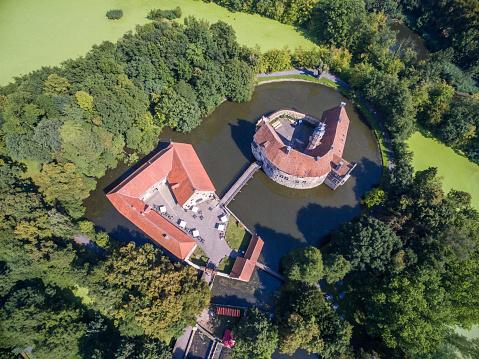 Aerial view of the medieval castle Vischering in Luedinghausen, Germany