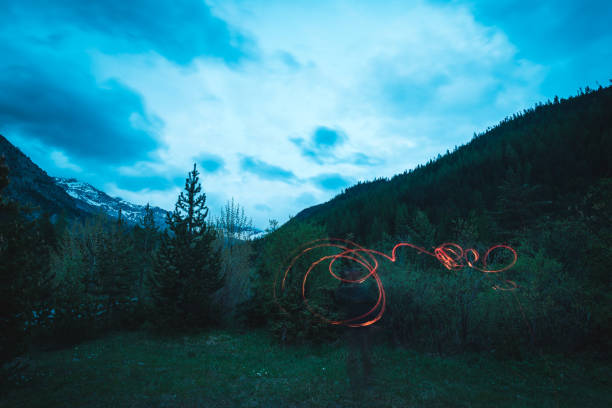istock Burning camp fire into remote larch and pine tree woodland 679799994