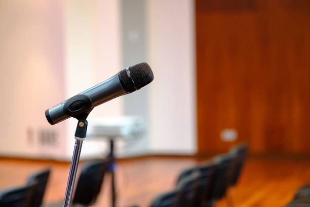 istock Microphone on the stand at the hall 679800900