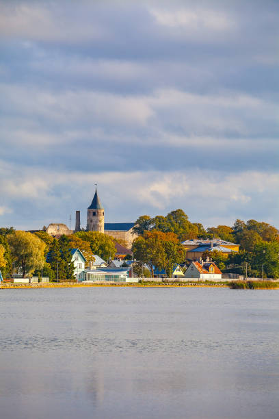 Profile of small town Haapsalu with castle tower, coast of Baltic sea, Estonia stock photo