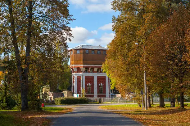 Old red brick and wooden water tower in Aegviidu, Estonia