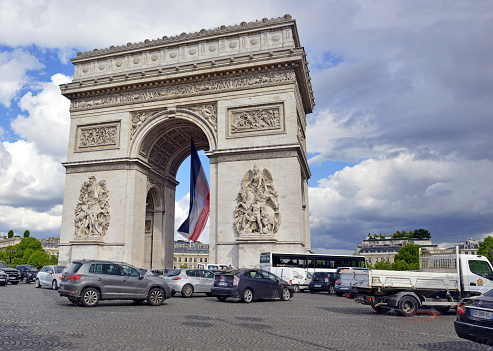 PARIS, FRANCE CIRCA MAY 2015. While French elections are dominating headlines currently, tourists still fill the City of Light and landmarks such as the Arc de Triomph remains as popular as ever.