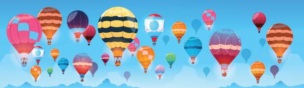 ilustraciones, imágenes clip art, dibujos animados e iconos de stock de coloridos globos volando en día cielo bandera - heat mid air flying float