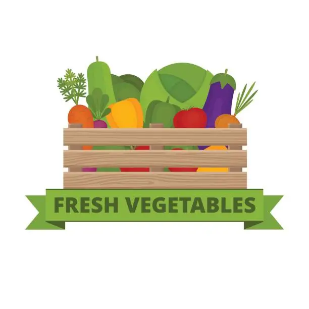 Vector illustration of Fresh vegetables in a box. Vegetable garden. Organic and healthy food. Banner with vegetable. Flat style, vector illustration.