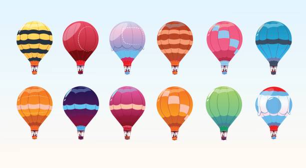 ilustrações de stock, clip art, desenhos animados e ícones de colorful air balloons set, airship collection - air nature high up pattern