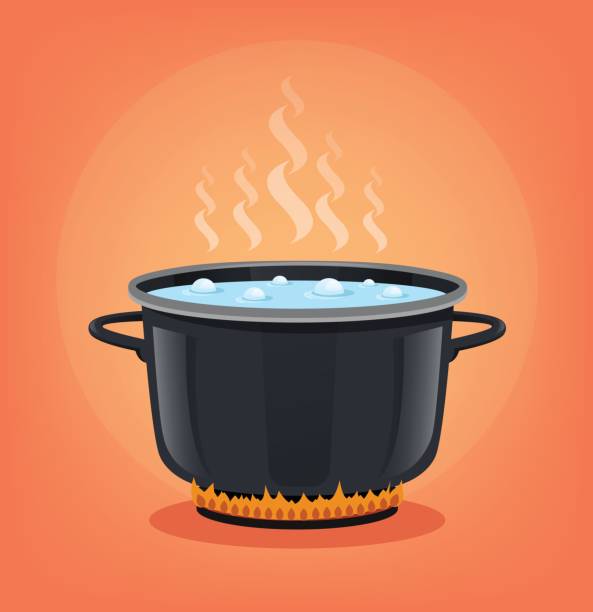 검은 냄비에 끓는 물. 요리 개념 - steam saucepan fire cooking stock illustrations