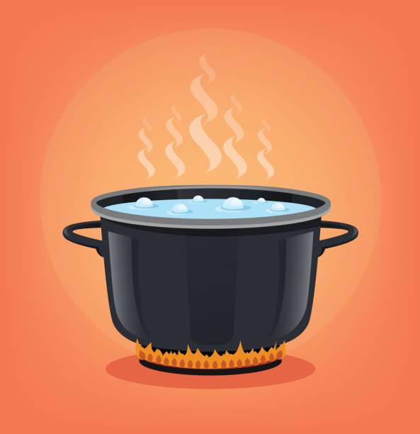 ilustrações de stock, clip art, desenhos animados e ícones de boiling water in black pan. cooking concept - boiling water
