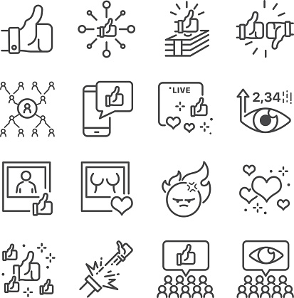 Social network related vector line icon set. Contains such icons as like, live broadcasting, share, number of views and more.