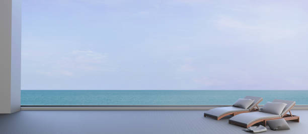 istock Beach lounge Minimal and Sundeck on seascape Clean sky beautiful 679843146