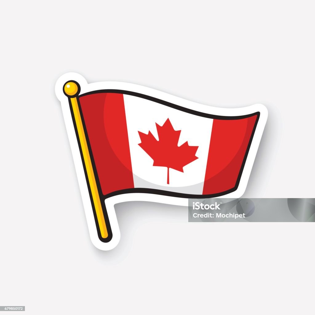 Sticker flag of Canada on flagstaff Vector illustration. Flag of Canada on flagstaff. Checkpoint symbol for travelers. Cartoon sticker with contour. Decoration for greeting cards, posters, patches, prints for clothes, emblems Canadian Flag stock vector