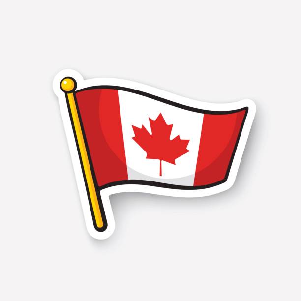 Sticker flag of Canada on flagstaff Vector illustration. Flag of Canada on flagstaff. Checkpoint symbol for travelers. Cartoon sticker with contour. Decoration for greeting cards, posters, patches, prints for clothes, emblems canada-flag-line stock illustrations