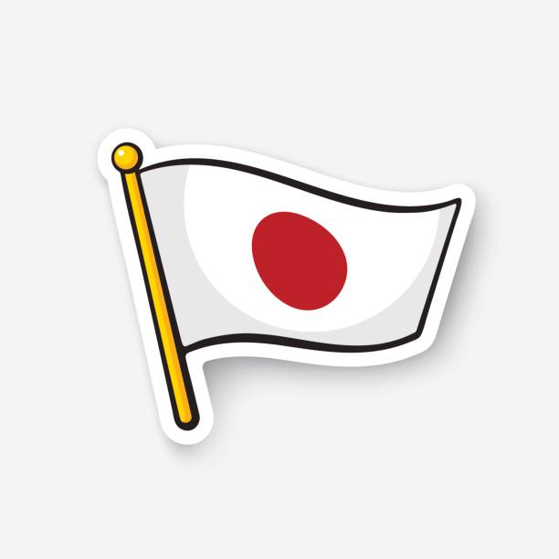 ilustraciones, imágenes clip art, dibujos animados e iconos de stock de bandera de la etiqueta engomada de japón en flagstaff - japanese flag flag japan illustration and painting