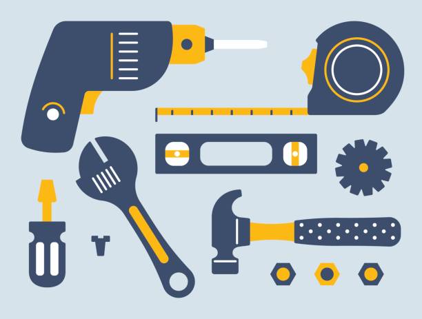 ilustraciones, imágenes clip art, dibujos animados e iconos de stock de herramientas de trabajo y equipo - maintenance engineer work tool hammer instrument of measurement