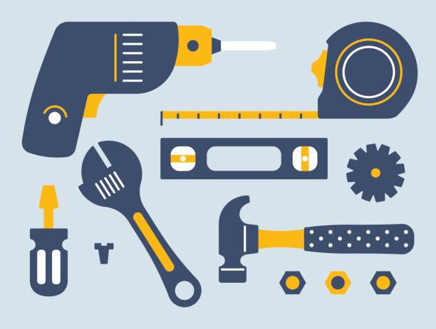 Work Tools and Equipment Work tools and equipment simple symbols. spirit level stock illustrations