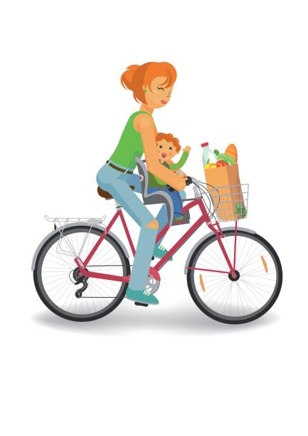 езда на велосипеде женщина с ребенком и продуктовый мешок - bicycle isolated basket red stock illustrations