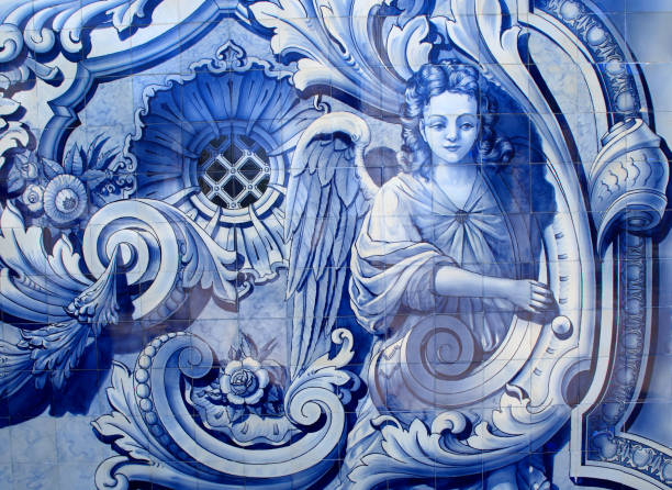 Portugal. Typical historical blue and white ceramic 'azulejo' tiles depicting an angel. stock photo