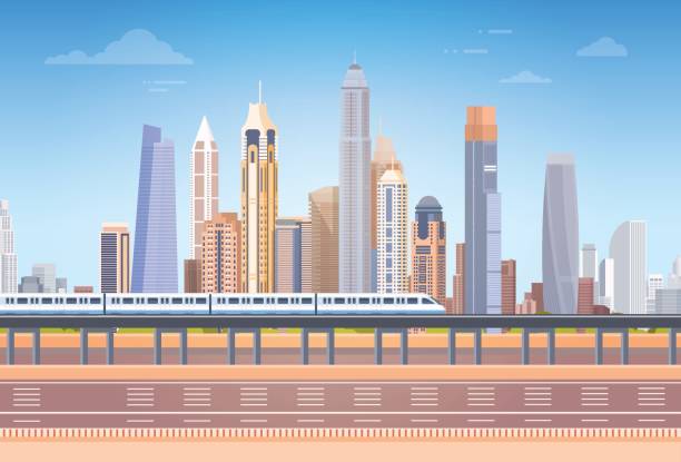 Subway Over City Skyscraper View Cityscape Background Skyline with Copy Space Subway Over City Skyscraper View Cityscape Background Skyline with Copy Space Vector Illustration business architecture blue people stock illustrations