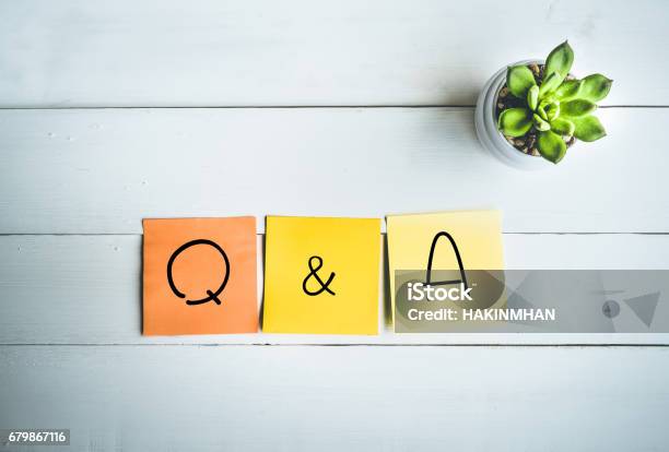 Q A Word With Paper Note On Wood Table Stock Photo - Download Image Now - Q and A, Letter Q, Question Mark