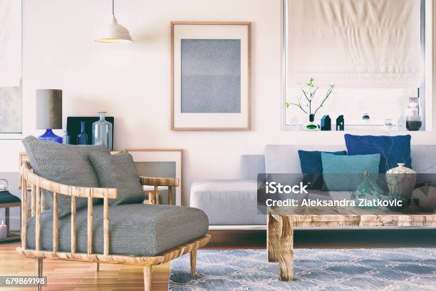 Foto de Sala De Estar Nórdica e mais fotos de stock de Artigo de decoração - Artigo de decoração, Interior de casa modelo, Sala de estar