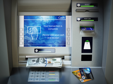 ATM machine, money cash and credit cards. Withdrawing dollar banknotes. 3d illustration